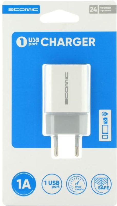 Универсальное зарядное устройство Atomic U2, 1xUSB, 1A, белое